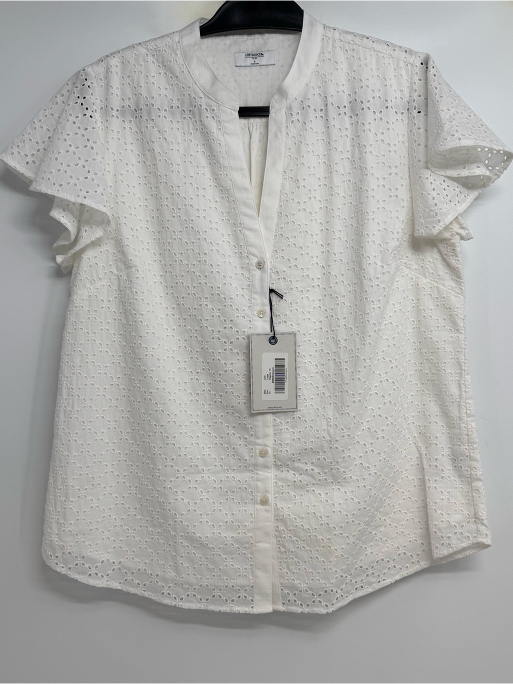 Untuckit Faith Top Womens L White Eyelet Blouse Short Sleeve Button Front Lined